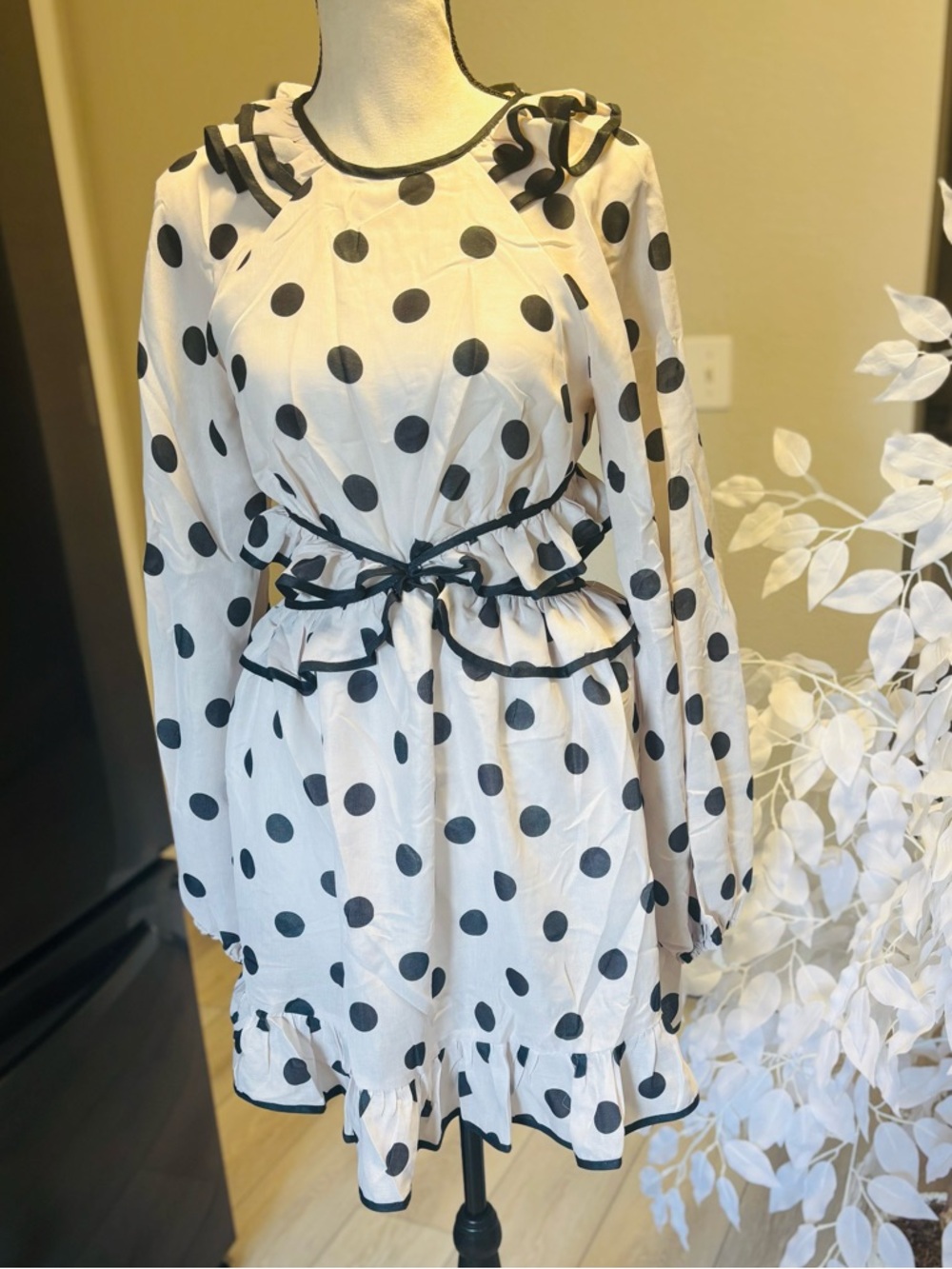 L'ATISTE Black Polka Dot Zip-Back Dress on Cream. Size S & L. NWT